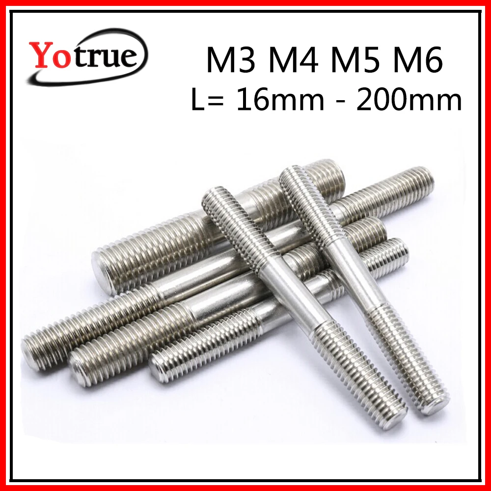 50pcs/lot SS304 M3/M4/M5/M6*16mm-200mm double end rods threaded bolts Stainless steel head screw Non-standard customized | Обустройство