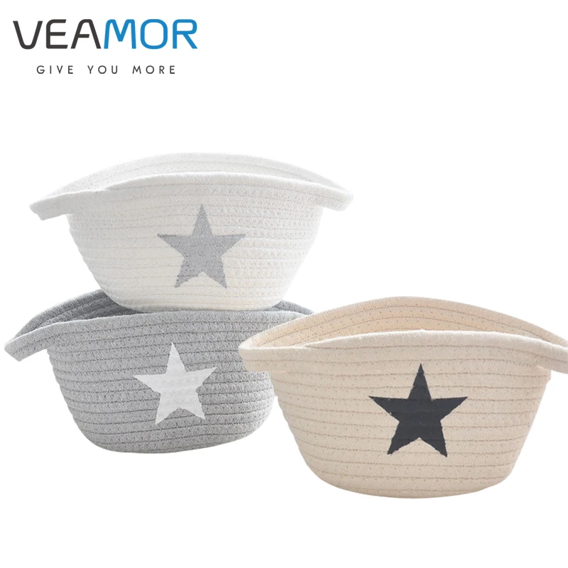 

VEAMOR Handmade Cotton Storage Baskets Weave Desktop Finishing Storage Basket Stars Pattern Debris Storage Basket WB1589