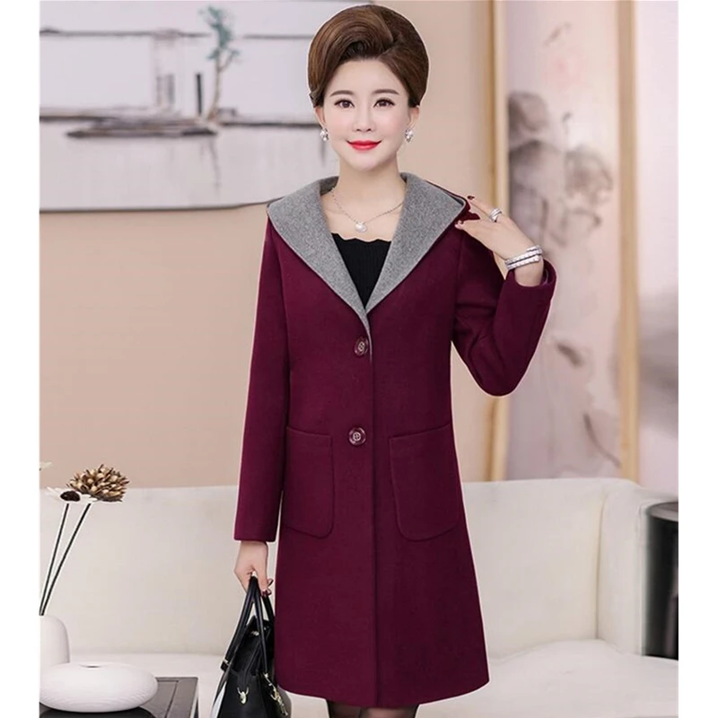 Autumn Winter Woolen Coat Women Hooded New Middle-aged Mother Clothes Long Slim Wool Coat Womens windbreaker Plus Size coat 5XL