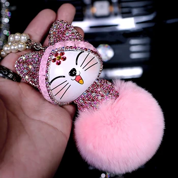

Car Pendant Cute Lovely Chinese Style Lucky Cat Rhinestone Cartoon Plush Fur Ball Decoration Hanging Ornaments Auto Accessories