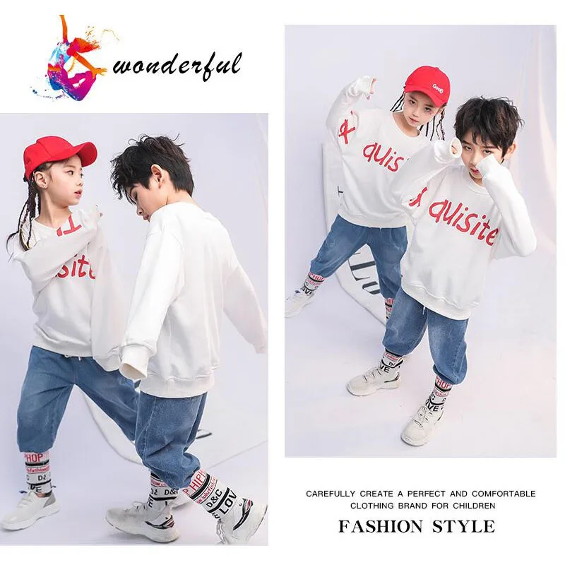 Kids Hip Hop Clothing Girls Boys White Sweatshirt Jeans Jazz Dance Costumes Suit Ballroom Dancing Clothes Outfits Boys Outfits