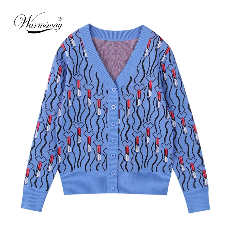 

Vintage Jackets Women 2019 Autumn Winter New Slim Full Sleeve Lips Jacquard Knitting Cardigan Designer Jacket C-060