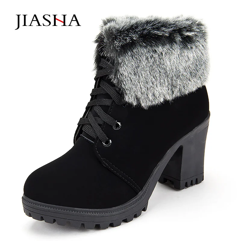 Women Winter Ankle Boots 2017 Fashion Lace Up High Heel Classic Ladies Keep Warm font b