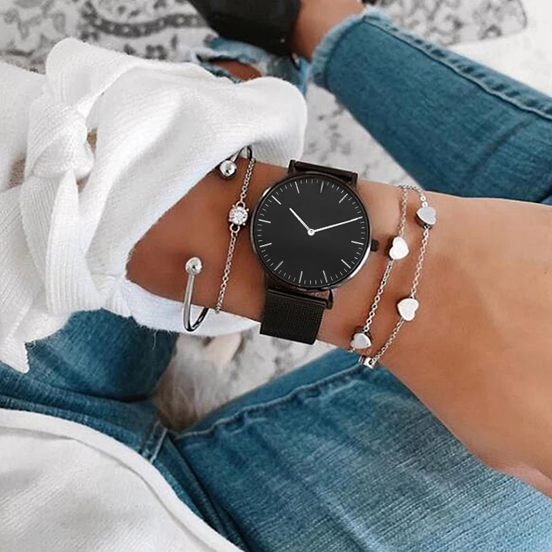 

Mavis Hare Black Stainless Steel Feliz Mesh Wristwatch Woman Watches with Crystal Kont Heart chain Bracelet Bangles