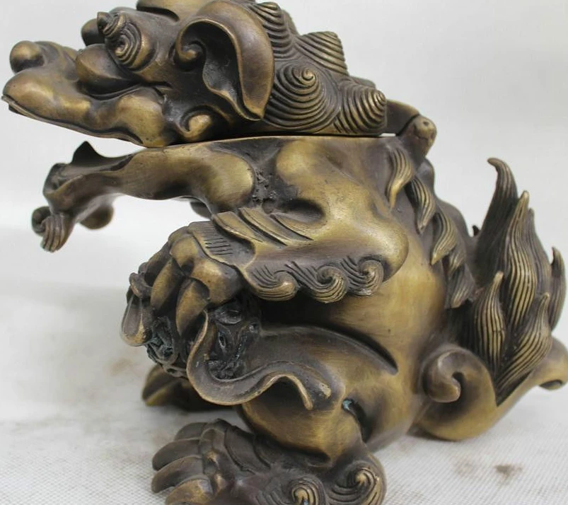 

8"Chinese Bronze Palace Foo Fu Dog Beast Lion Kylin Statue Incense Burner Censer