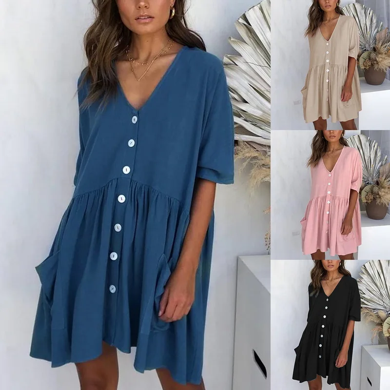 

Women's Summer Beach Dress Loose V-Neck Button Skirt Beach Tunic Girl Casual Outdoor Dress with Pocket Solid Female Beachwear
