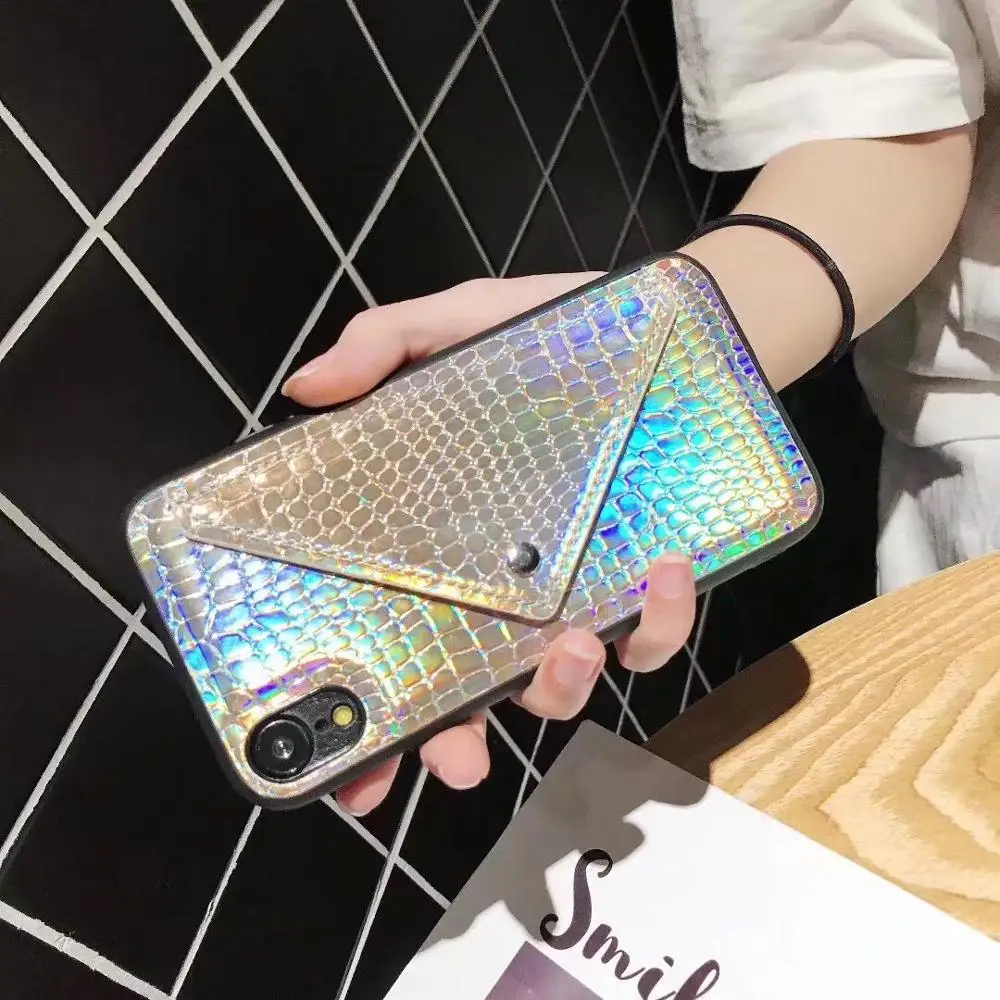 

Case For iPhone X Xr Xs Max Case Sexy Snake Skin Laser Flip Wallet Neck Chain Card Slots Stand Case For iPhone 7 8 6S Plus Cover