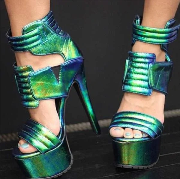

Punk Style Laser Fluorescence Hook Ladies Sandals High Platform Mixed Colors Patchwork Night Club Dress Shoes Women Real Photo