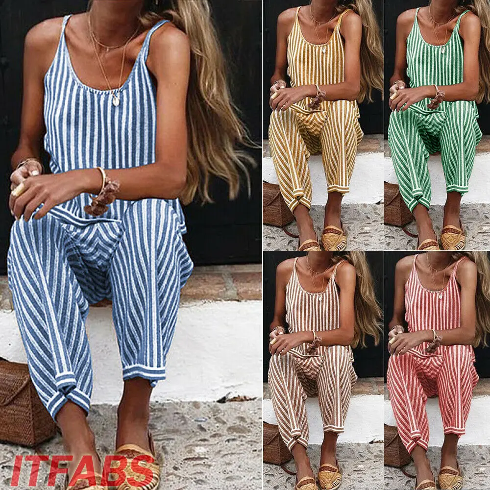 

Hot Sale Womens Summer Fashion Striped Jumpsuit Female Spaghetti Casual Strap Striped Summer Beach Wide Leg Holiday Playsuit