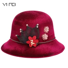 YIFEI мерсеризованные бархатные дамские подарочные английские модные цветочные плюшевые шляпы-ведерки женские зимние официальные широкие фетровые шляпы