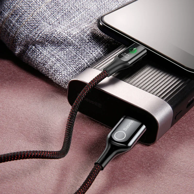 Cable Baseus 3A Smart Power Off USB C para OnePlus 6 Huawei Xiaomi Quick Charge 3,0 tipo C Cable de sincronización de datos Cable LED tipo c