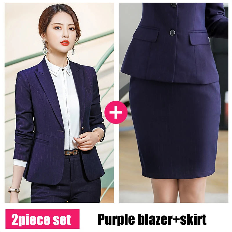 purple skirt suit Рабочие модные брючные костюмы комплект из 2 предметов для женщин с одной пуговицей в полоску Блейзер куртка и брюки офисный костюм для дам Feminino - Цвет: purple skirt suit