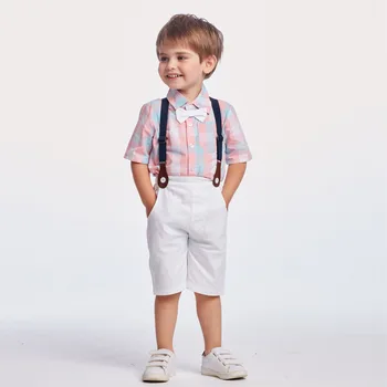 

Baby Boy Plaid Shirt Rompers with Bow Clothes For Newborn Outfit One Years Birthday Party Summer Romper Strap White Shorts Set