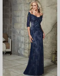Кафтан Дизайн темно синие кружево Русалка Вечерние Длинные вечернее платье рукава vestido de festa мать невесты платья для женщин