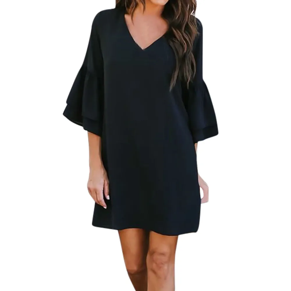 Women Elegant Shift Dress V Neck Half Sleeve Solid Work Dresses Flare