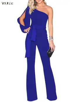 

Women Elegant One Shoulder Sleeve Slit Jumpsuit Casual Long Sleeve Lace Up Bandage Sexy Jumpsuits Outfit Female Body Overalls