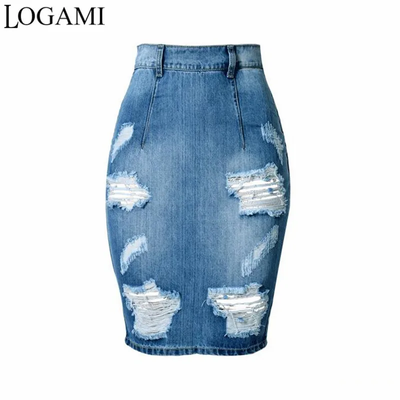 

LOGAMI High Waist Split Denim Pencil Skirts Womens Ripped Jean Skirt Spring Summer Midi Skirt