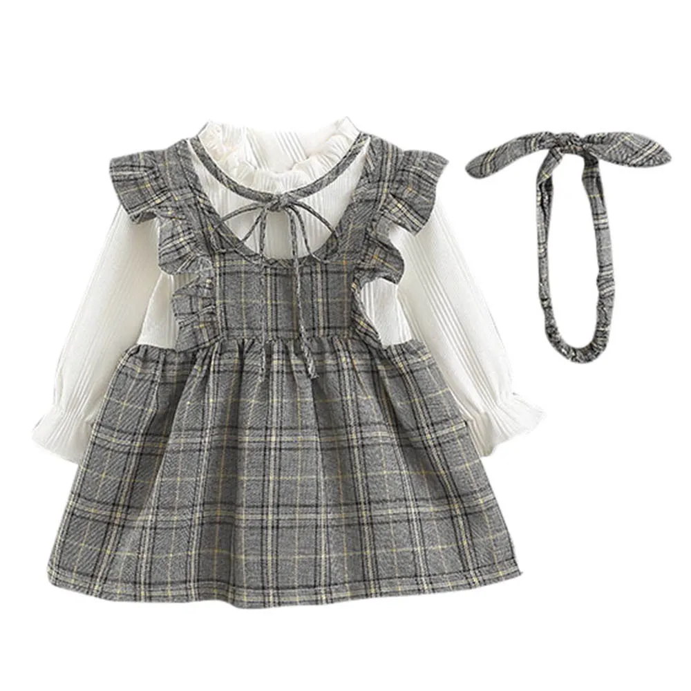 Платье для малышей вечерние платья принцессы в полоску с длинными рукавами и бантом для маленьких девочек+ повязки на голову, комплект одежды для девочек T6
