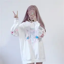 Ulzzang японский Kawaii стиль длинные белые толстовки для женщин Осень корейской моды бинты рукавом кролик печати Толстовка школьница