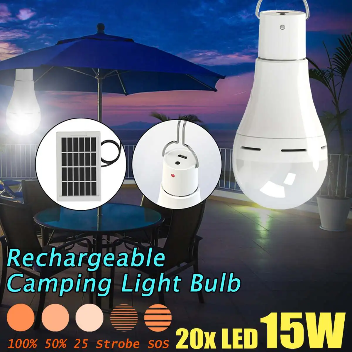 

10000lm Smuxi Portable 5 Modes Changeable Solar Bulb Emergency 15W Outdoor Solar Panel Light USB Rechargeable Tent Camping