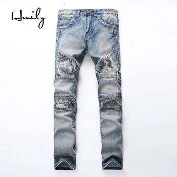 

HMILY High Quality Plus Size 42 Vintage Washed Hole Ripped Biker Denim Jeans Straight Pants Stretch Denim Men Jeans Trousers