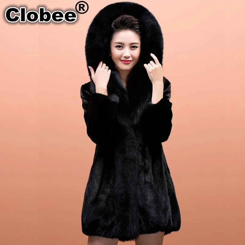 

plus size long sleeve faux fur coats 2019 women Mink long thicken winter overcoats black faux mink fur coats with hood WR612
