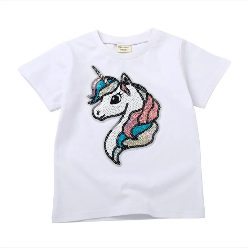 

2019 summer cute shine girl unicorn T-shirts sequin superman cartoon paillettes t shirt tops for girls birthday gifts 2-8 years