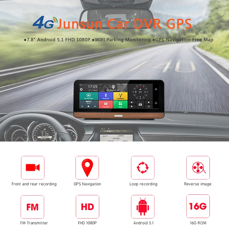 

7.80 Inch Dash Camera Car DVR 4G Supported Plus Android 5.1 GPS Navigator Registrar Video Dash Cam Recorder with Two Cameras