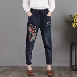Плюс размер Новые женские длинные брюки Цветочная вышивка кэжуал джинсовые брюки