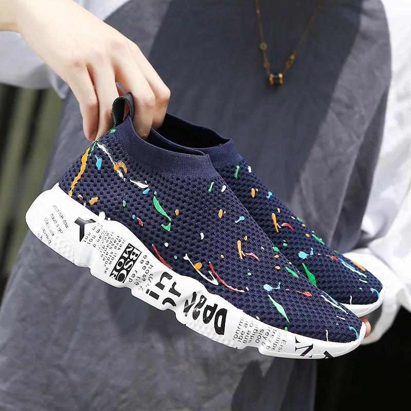 Bjakin разноцветная обувь для бега для мужчин и женщин, дышащие кроссовки без шнуровки, спортивная обувь унисекс, камуфляжные кроссовки 35-45 - Цвет: Blue