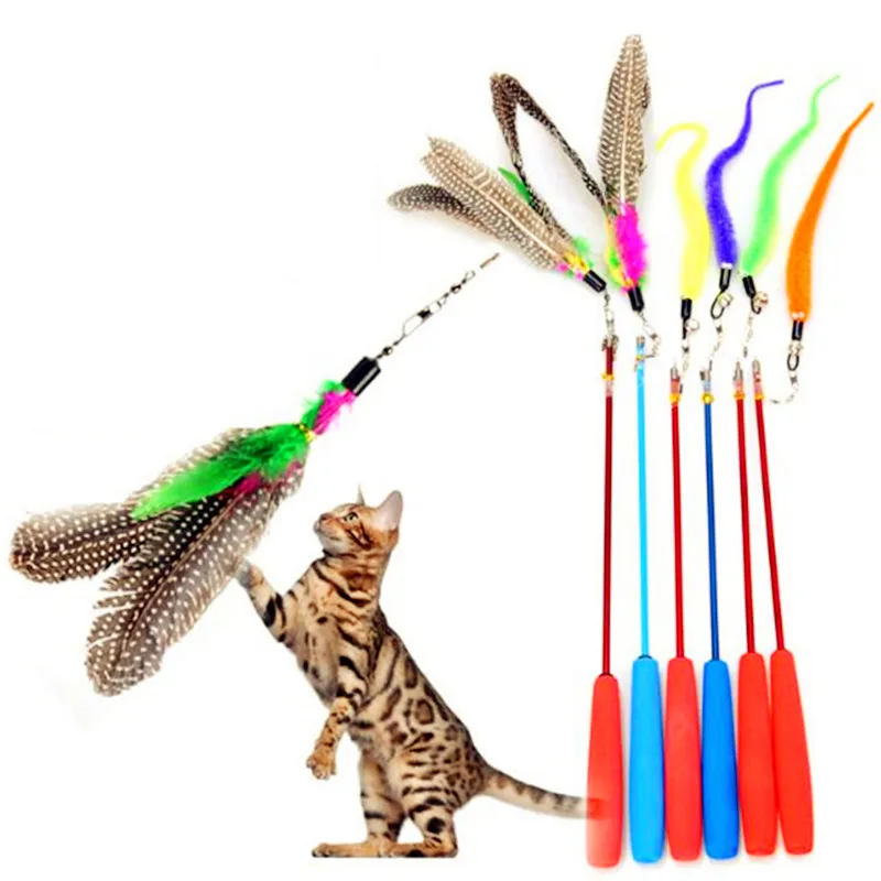 fishing rod type bird feather teaser wand plastic pet toy for cats random*~TB 