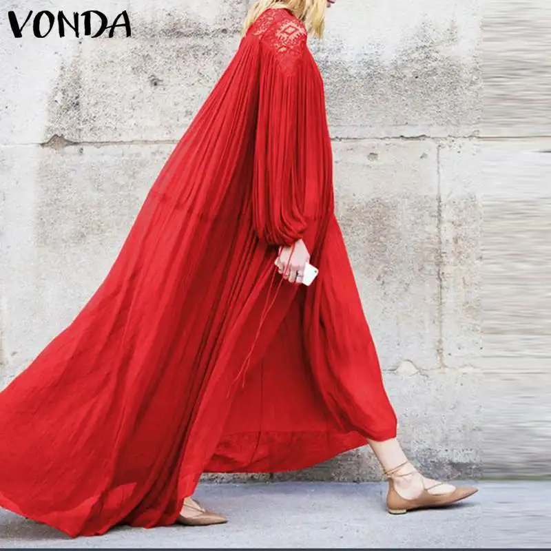 VONDA البوهيمي اللباس 2019 المرأة مثير فانوس كم الجوف الدانتيل حزب ماكسي اللباس عارضة فضفاض Vestido عطلة فستان الشمس زائد حجم