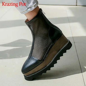 

Krazing Pot hot cow leather air mesh European designer high heels square toe zipper thick bottom sun protection summer boots L86