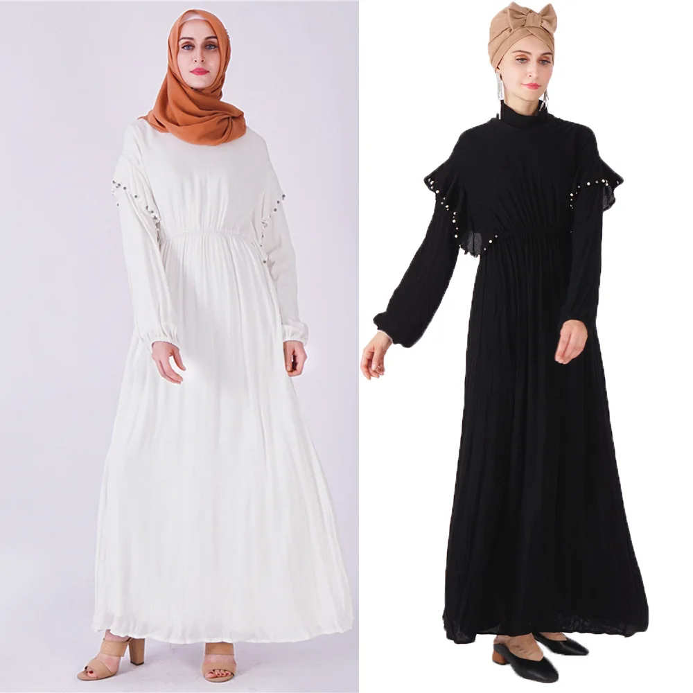 Мнется из хлопка и льна длинное мусульманское платье Саудовской арабские платья Рамадан Абаи 2019 жемчуг Бисер Кафтан Исламская одежда