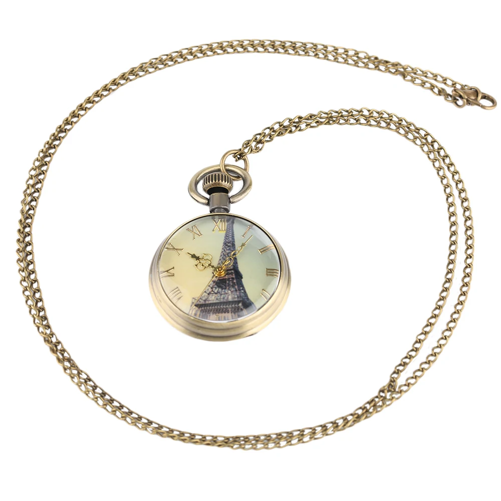 YISUYA Eiffel Tower Pendant Chain Pocket Watch Men Kid Retro Necklace Quartz Watched Hand Around Women Clock Skull Punk Gift  (6)