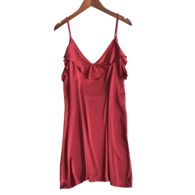 

New sexy falbala red nightdress women satin silk sleeveless homewear women night dress female spaghetti strap lingerie summer