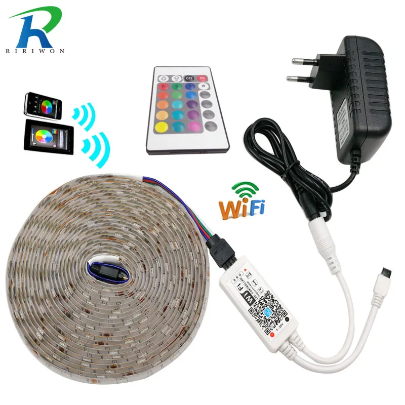 

RiRi won SMD RGB LED Strip led light 5050 DC 12V Waterproof led light tape diode flexible ribbon WiFi controller adapter set