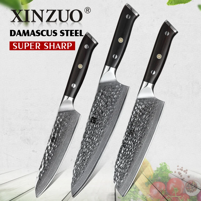 

XINZUO 3 PCS Kitchen Knives Sets Japanese VG 10 Damascus Steel Knife Chef Gyuto Knife Stainless Steel Cleaver with Ebony Handle