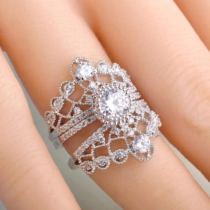 Blucome уникальные три стекируемые кольца Золотой Цвет Корона круглый кубический циркон кольцо для женщин Свадебные выдалбливают три пальца кольцо набор - Цвет основного камня: Rhodium Plated