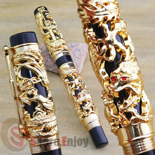 

18KGP FINE NIB FOUNTAIN PEN JINHAO BLACK AND GOLDEN DRAGON AND PHOENIX