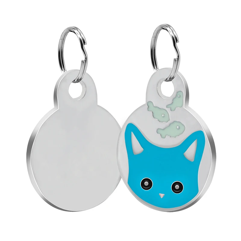 Loverly Anti-lost Stainless Steel Personalized Round Dog Tag Custom Cat Engraved Name Tags Cute Kitten Face ID Tags - Цвет: blue