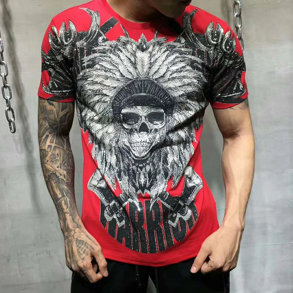 

PP Bag Packaging!Brand Men T Shirt Summer Fashion Casual Warrior Rhinestone Indians Print Tshirt O-neck Tops & Tees Plus Size