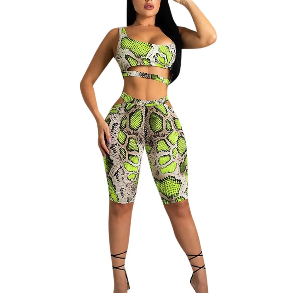 

JAYCOSIN Women Clothes Set Sexy Snake Pattern Tight Two Piece Set Sleeveless Vest Top And Short Pants Casual Summer Outfits 2019