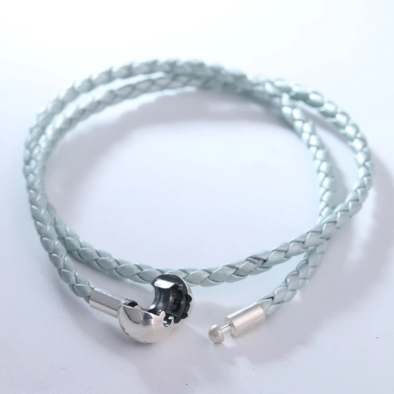 

Pearl light blue Double Leather Bracelet Fits sterling silver Original Charms & Beads For Woman DIY Jewelry Making