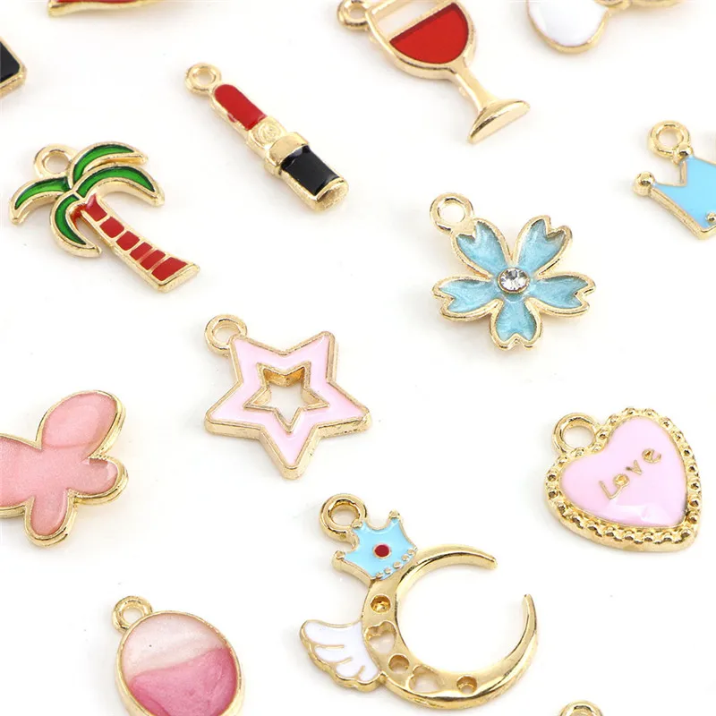 30pcs Enamel Charms DIY Jewelry Craft Colorful Seastar Hexagon Moon Cat Flower Bowknot DIY Bracelet Necklace Accessory