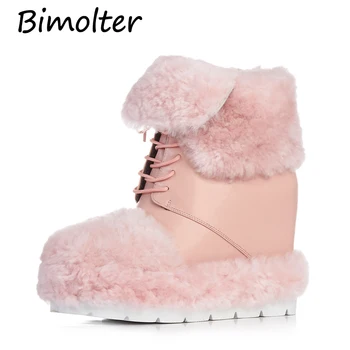 

Bimolter Fashion High Quality Genuine Leather Cute Ankle Boots Wedges Increasing Height Women Winter Warm Fur Snow Boots LAEB044