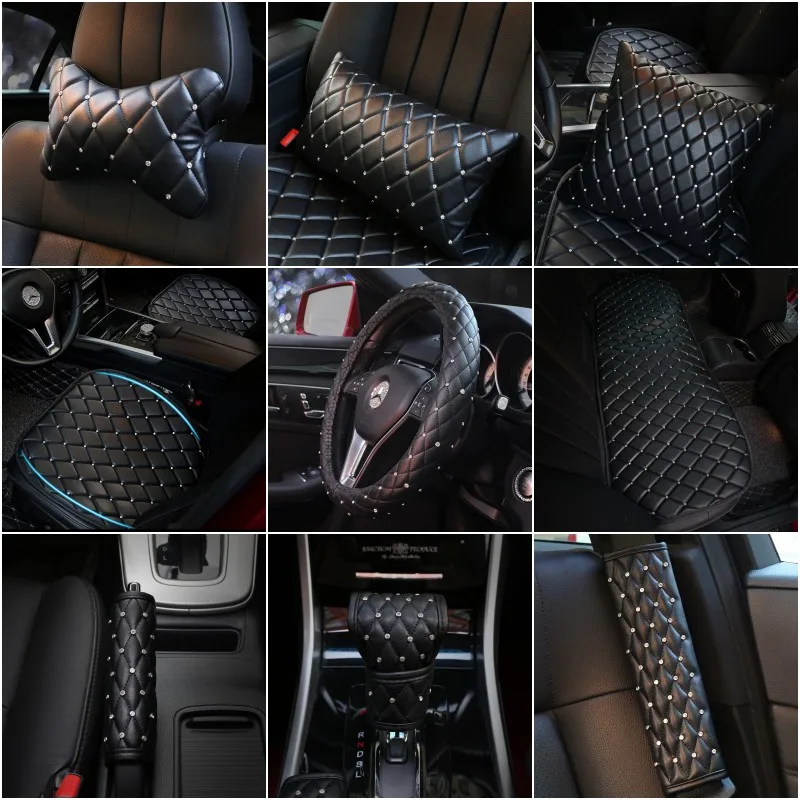 Carfond New Diamond Leather Car Seat Neck Pillow with Bling Bling Crystal Rhinestones Memory Foam Car Headrest Pillow for Women Girls 