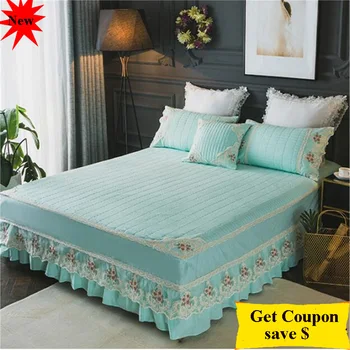 

free shipping 3pcs non-slip bedskirt 100% cotton with lace quilted padded mattres cover quality bed cover solid color bedspread