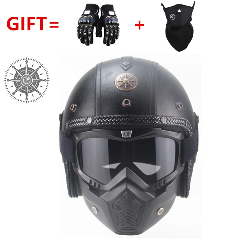 Special Product  Free shipping PU Leather Helmets 3/4 Motorcycle Chopper Bike helmet vintage motorcycle helmet with 