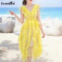 

Ecombird 2018 Spring Summer Dress Ruffled Sleeve Hollowed Lace Dress Perspective Sexy V Neck Bright Yellow Women Dress Fashion
